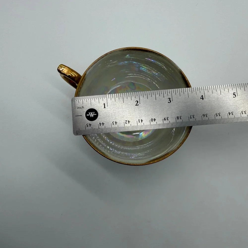 Vintage Japan Lusterware Tea Cup Saucer Set Purple Rose Gold Gilt Footed Blue
